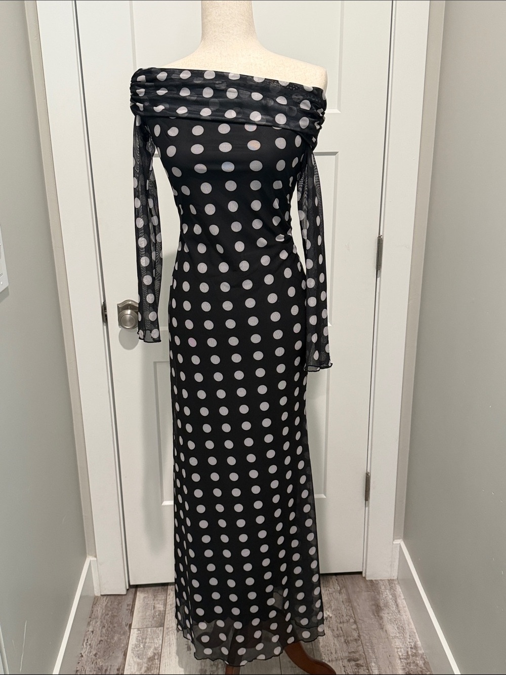 Commense Black Maxi Dress with White Polka Dots and Sheer Sleeves